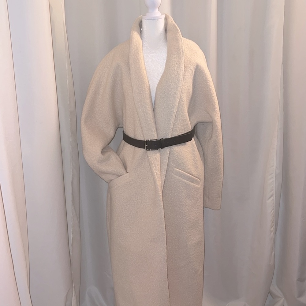 Chic Cream Long Coat with Brown Belt